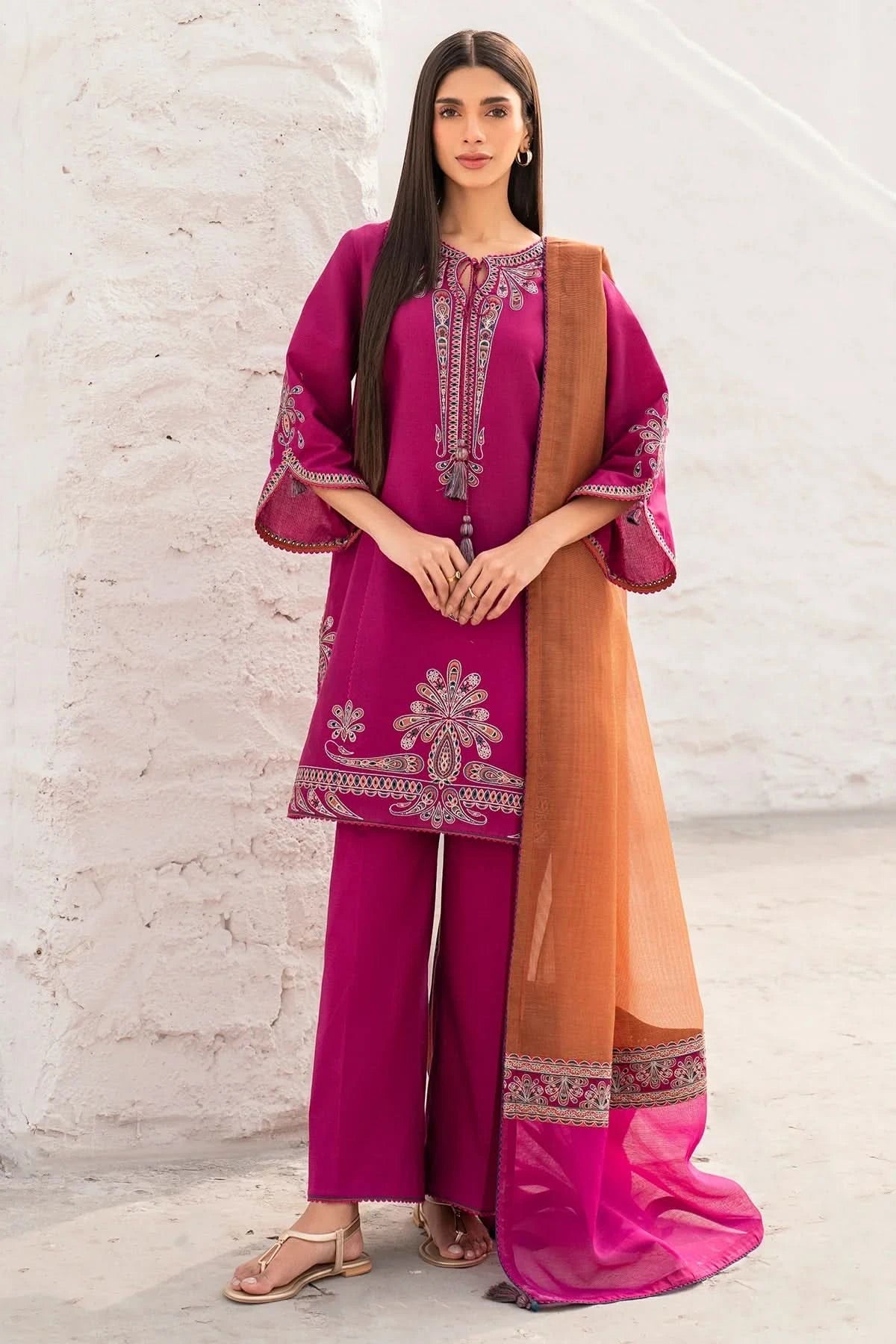 3PC EMBROIDERED DHANAK SUIT - BG341