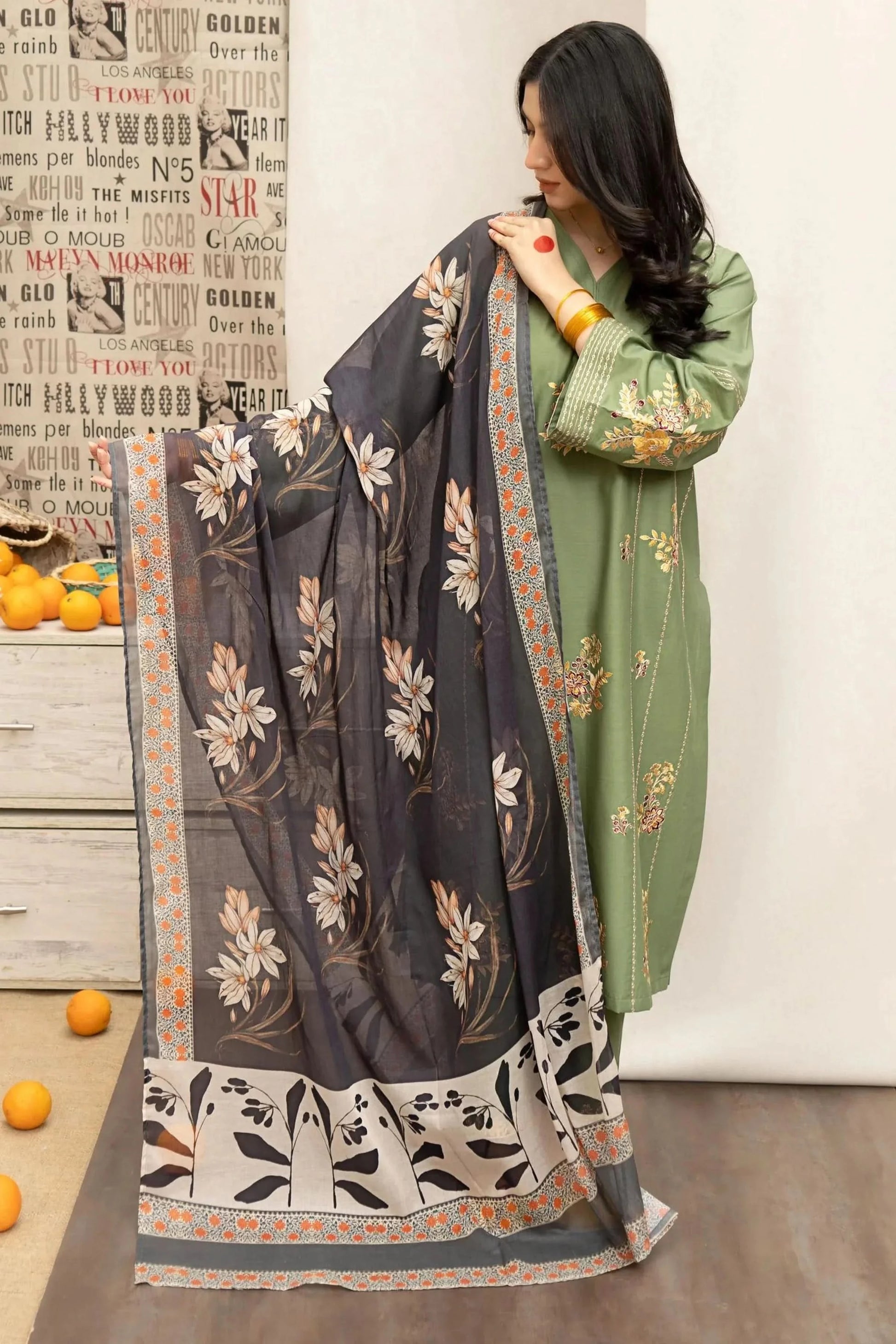 3PC EMBROIDERED COTTON SUIT - BG601