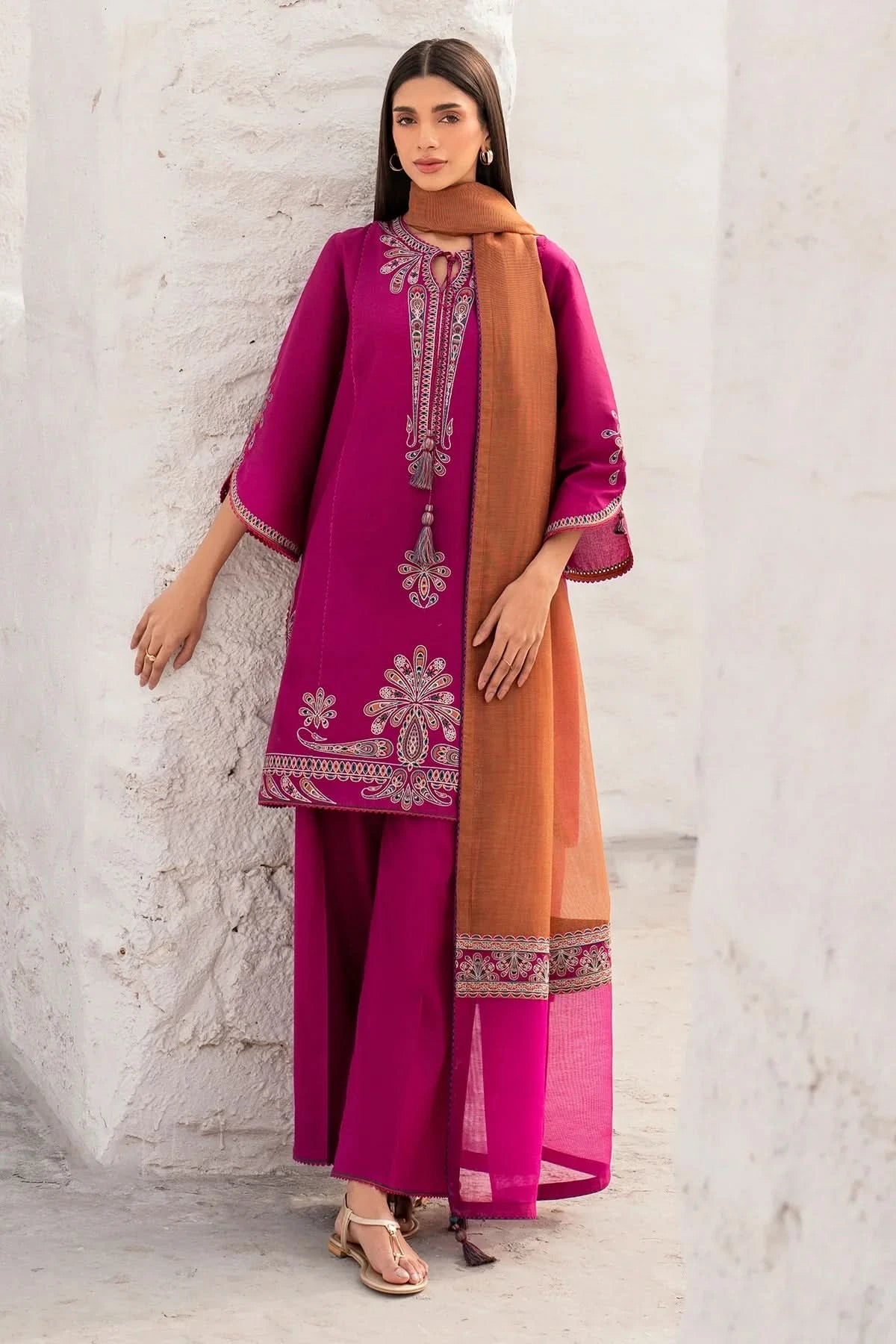 3PC EMBROIDERED DHANAK SUIT - BG341