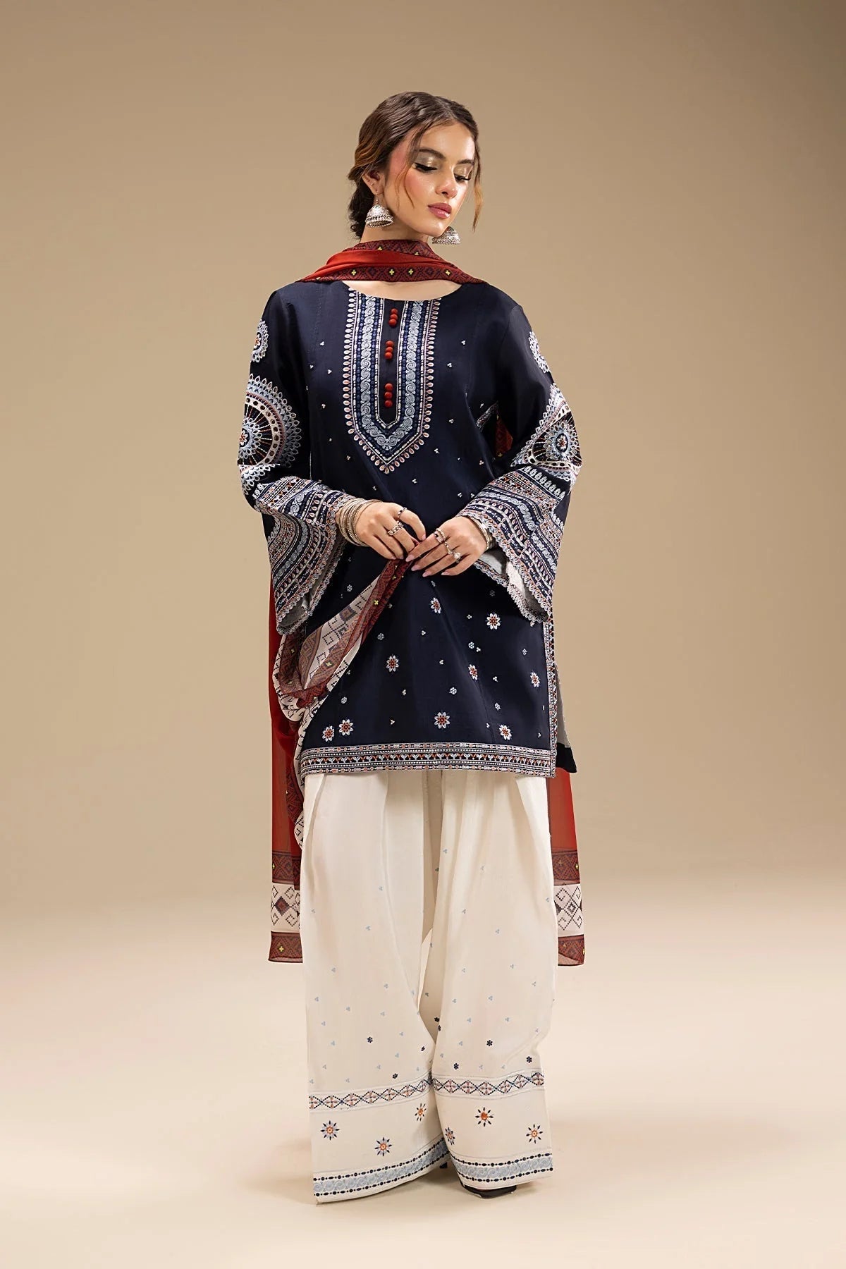 3PC EMBROIDERED DHANAK SUIT - BG636