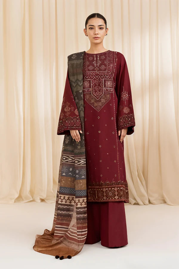 3 PC EMBROIDERED DHANAK SUIT - BG609