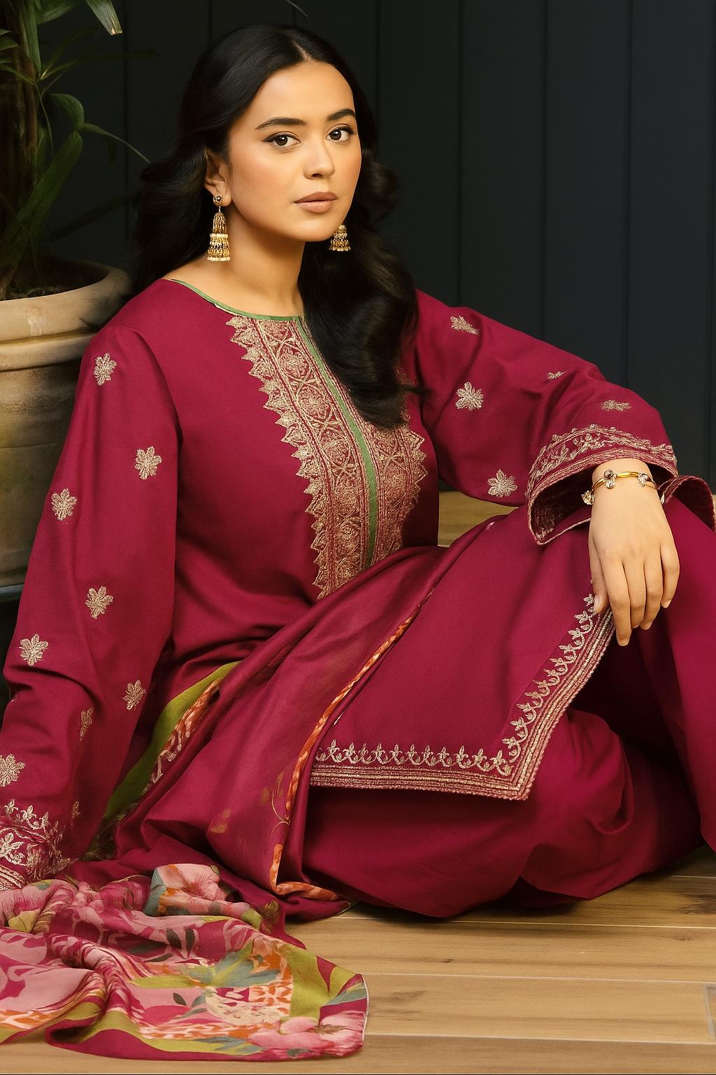 3 PC EMBROIDERED DHANAK SUIT - BG811