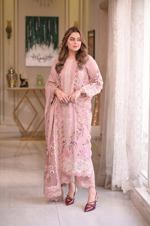 3PC EMBROIDERED DHANAK SUIT - BG902