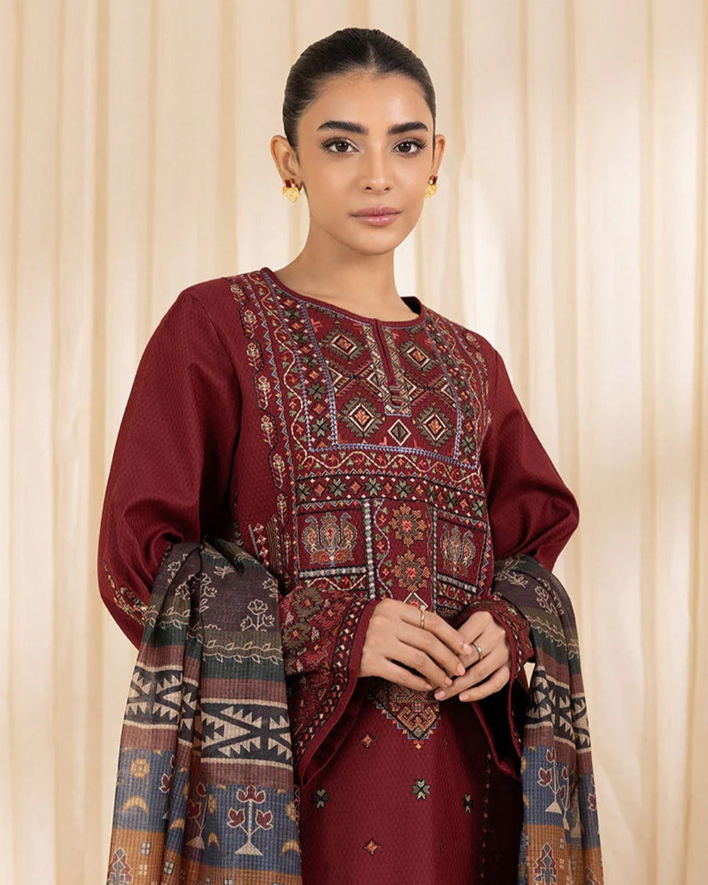3 PC EMBROIDERED DHANAK SUIT - BG609