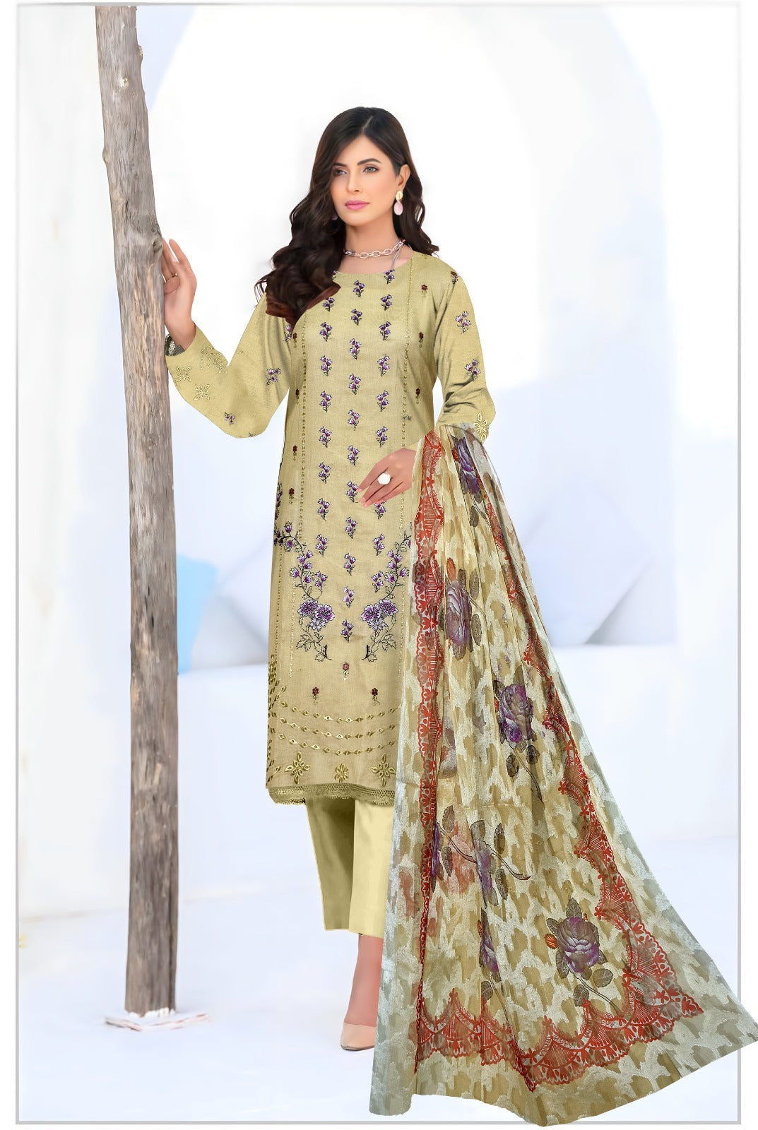 3 PIECE-EMBROIDERED CAMBRIC SUIT-BG101