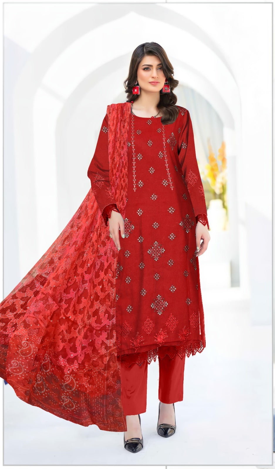 3 PIECE-EMBROIDERED CAMBRIC SUIT-BG104
