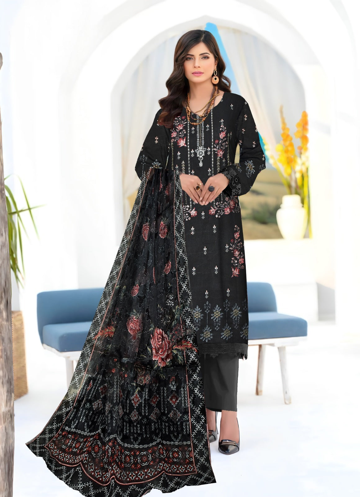 3 PIECE-EMBROIDERED CAMBRIC SUIT-BG106