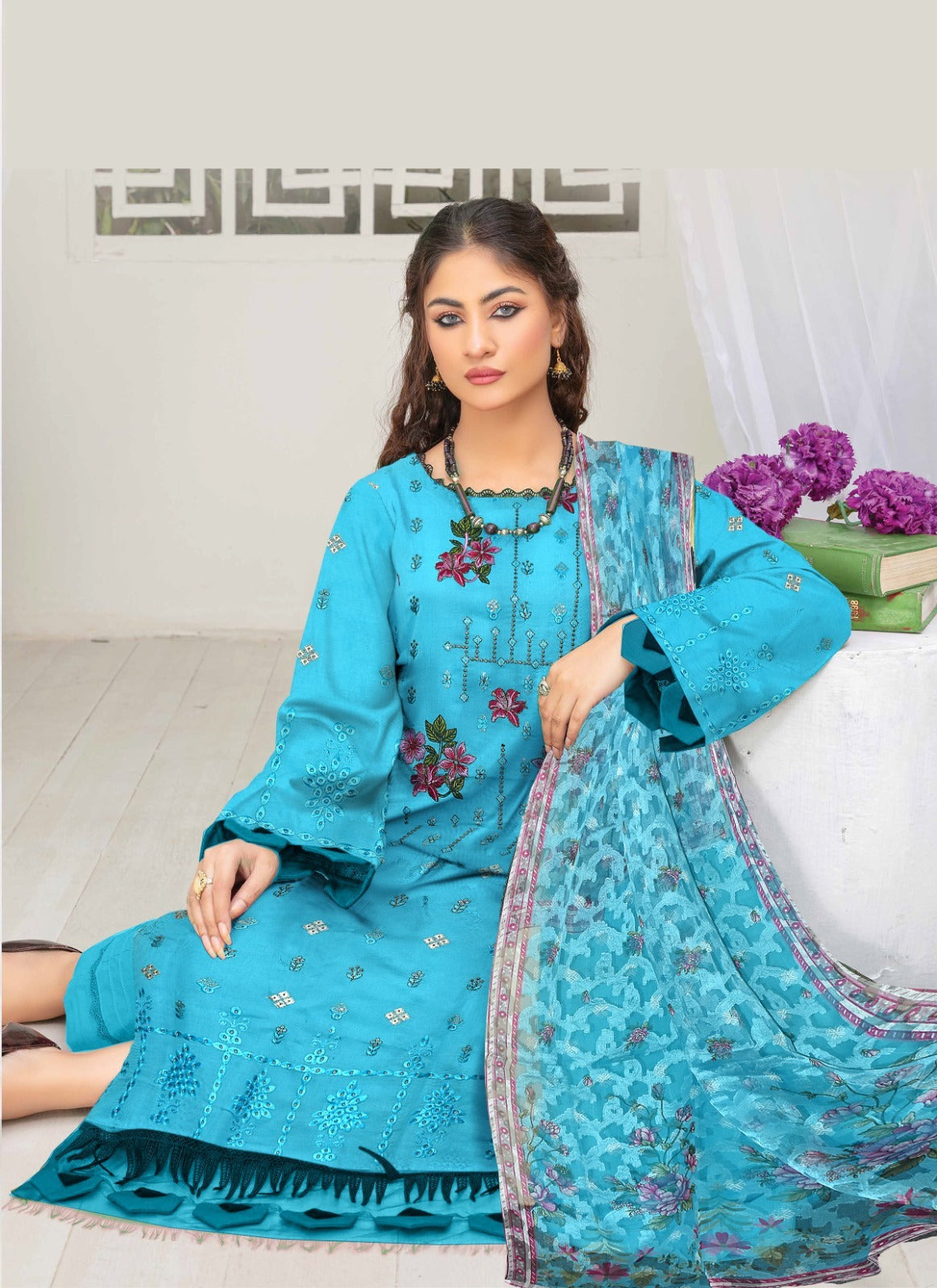 3 PIECE-EMBROIDERED CAMBRIC SUIT-BG107