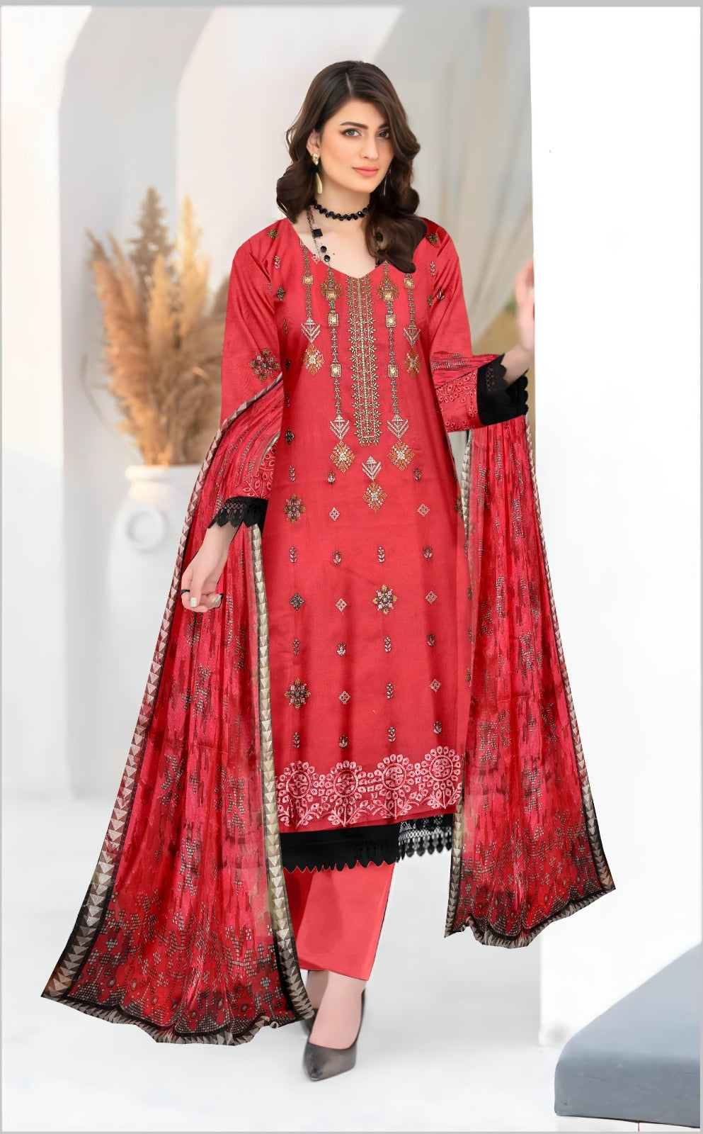 3 PIECE-EMBROIDERED CAMBRIC SUIT-BG108