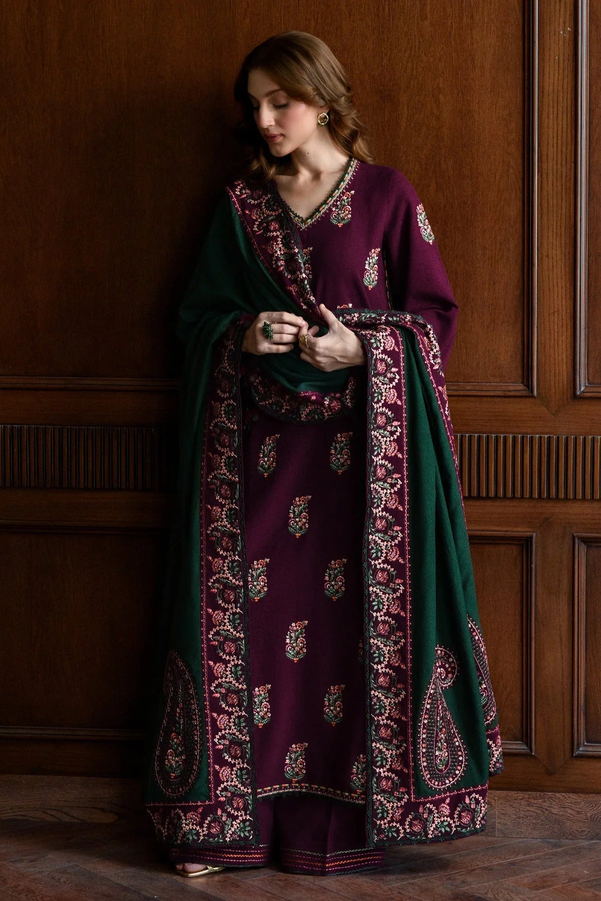 3PC EMBROIDERED DHANAK SUIT - BG849